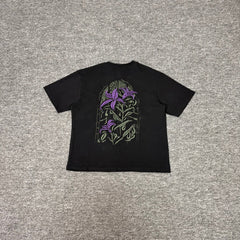 Derschutze Black Gothic Stained‑Glass Purple Lily Back‑Embroidered Tee