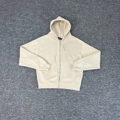 Derschutze Cream Cropped Full‑Zip Hoodie Tone‑On‑Tone Ornate Scroll Embroidery