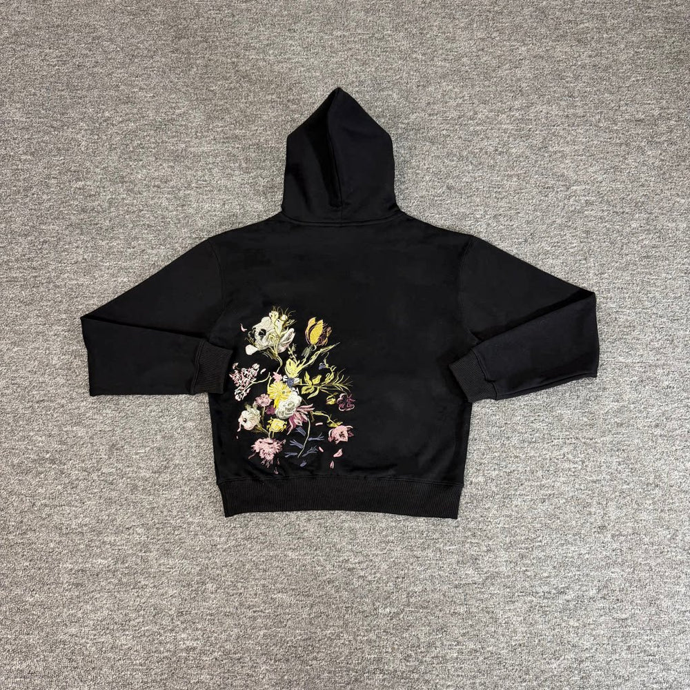 Derschutze Black Pullover Hoodie Multi‑Color Botanical Floral Back Embroidery