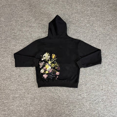 Derschutze Black Pullover Hoodie Multi‑Color Botanical Floral Back Embroidery