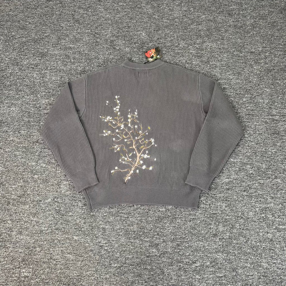 Derschutze Dark‑Grey Ribbed Knit Sweater With Large Back White‑Blossom‑Branch Graphic