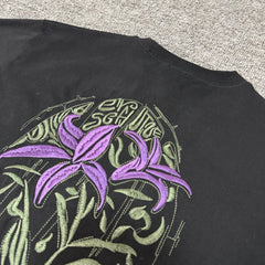 Derschutze Black Gothic Stained‑Glass Purple Lily Back‑Embroidered Tee