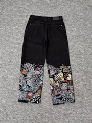 Derschutze Japanese Mythology Embroidered Black Jeans