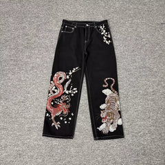 Derschutze Oriental Dragon Tiger Embroidered Jeans