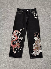 Derschutze Oriental Dragon Tiger Embroidered Jeans