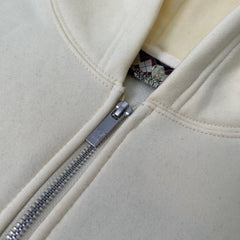 Derschutze Cream Cropped Full‑Zip Hoodie With Floral‑Branch Sleeve Print