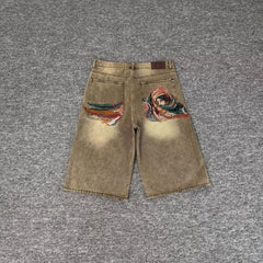 Derschutze vintage heavy-duty embroidered denim shorts