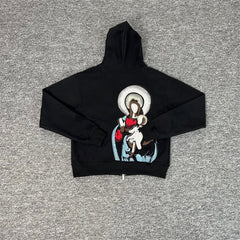 Derschutze Black Full‑Zip Hoodie Large Back Religious Figure Embroidery