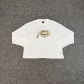 Derschutze White Waffle‑Knit Cropped Long‑Sleeve Top Graphic Chest Print