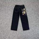 Derchutze Floral Embroidered Black Jeans
