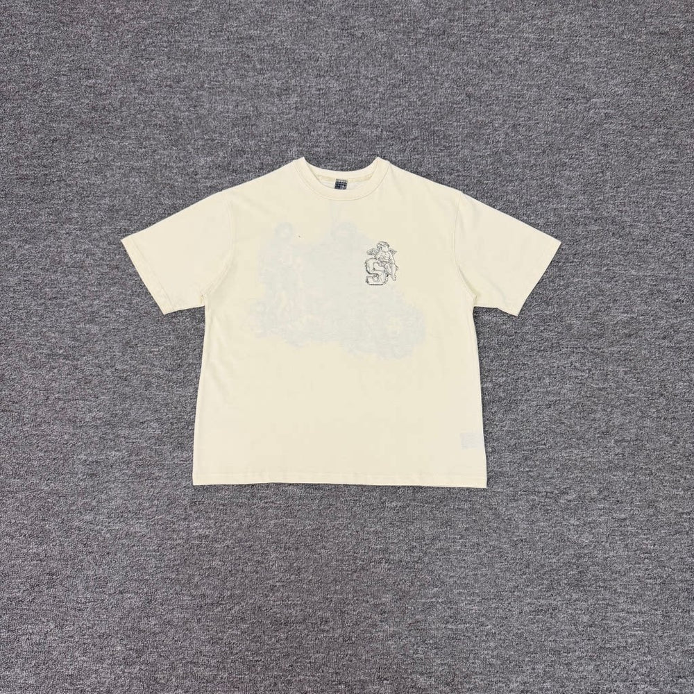 Derschutze Cream Vintage Faded Angel‑S Graphic Boxy Short‑Sleeve Tee