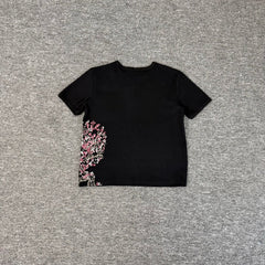 Derschutze Black Waffle‑Knit Plum‑Blossom Tree Side‑Print Cropped Tee
