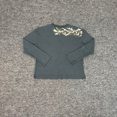 Derschutze Dark‑Grey‑Green Waffle‑Knit White‑Blossom Branch Back‑Shoulder Print Long‑Sleeve Top