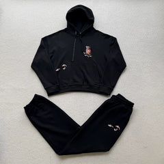 Derschutze Black Cropped Hoodie & Jogger Set Bear‑Koi Fish Embroidery