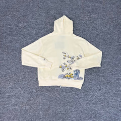 Derschutze Cream Cropped Full‑Zip Hoodie With Floral‑Branch Sleeve Print