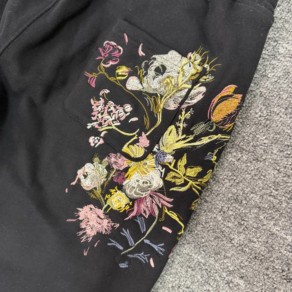 Derschutze Black Jogger Pants Multi‑Color Botanical Floral Back‑Pocket Embroidery