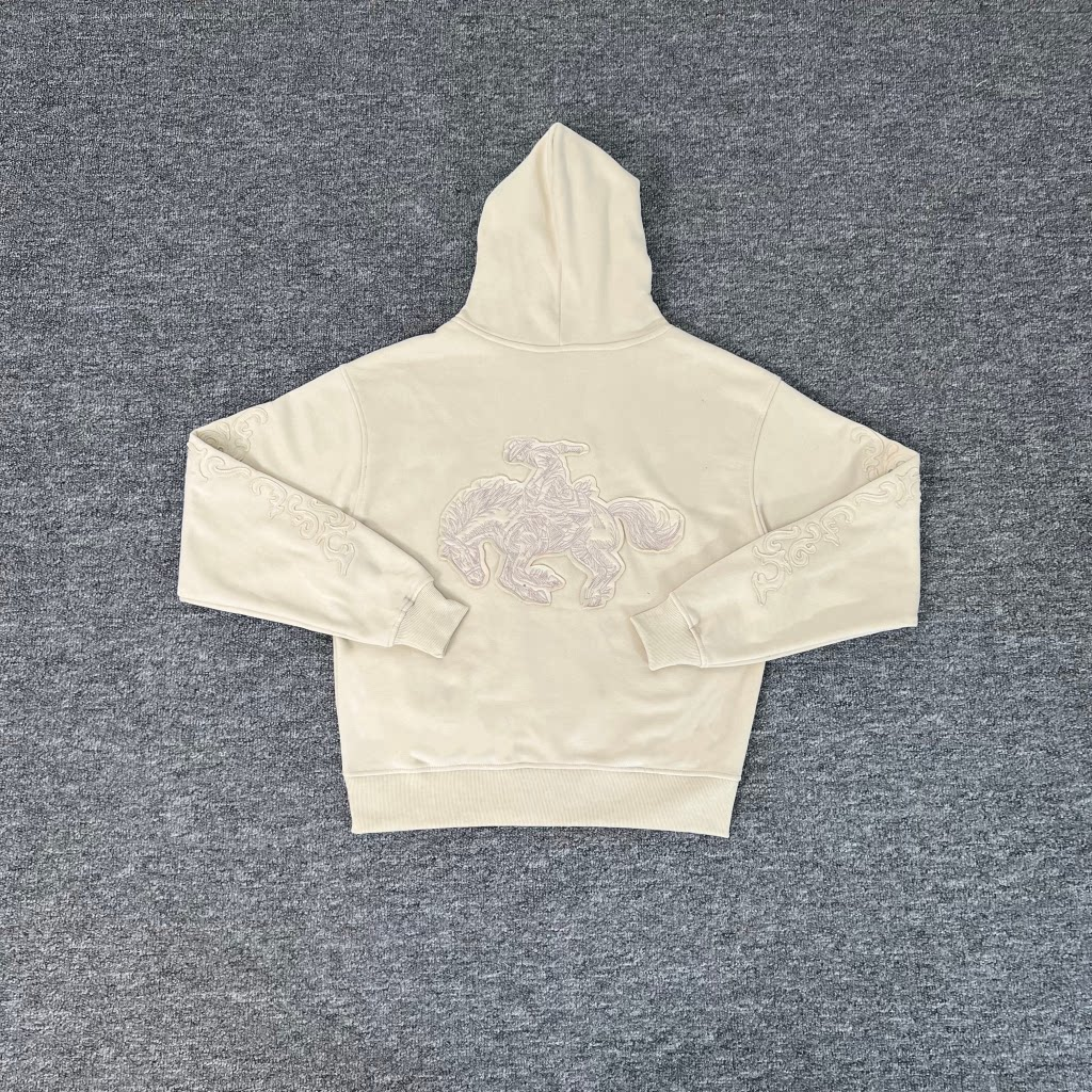 Derschutze Cream Cropped Full‑Zip Hoodie Tone‑On‑Tone Ornate Scroll Embroidery