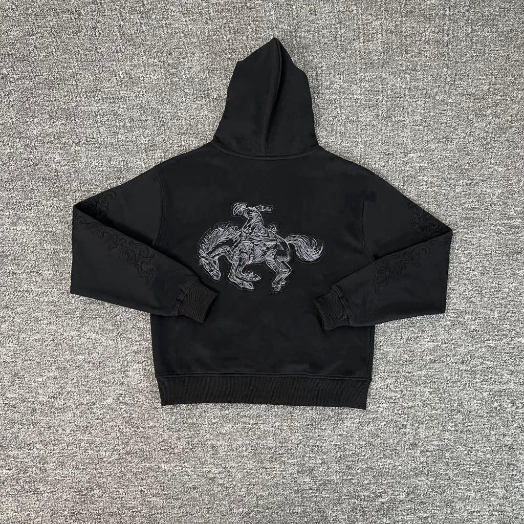 Derschutze Black Cropped Full‑Zip Hoodie Subtle Tone‑On‑Tone Ornate Embroidery