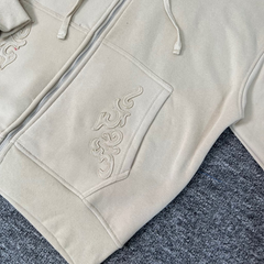 Derschutze Cream Cropped Full‑Zip Hoodie Tone‑On‑Tone Ornate Scroll Embroidery