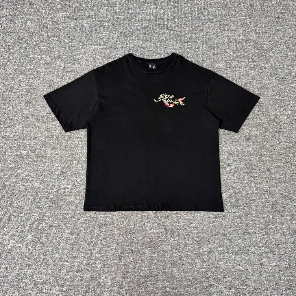 Derschutze Black Cartoon Koi‑Fish Character Back‑Embroidered Tee