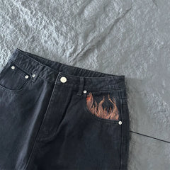 Derschutze Gothic Flame Embroidered Black Jeans