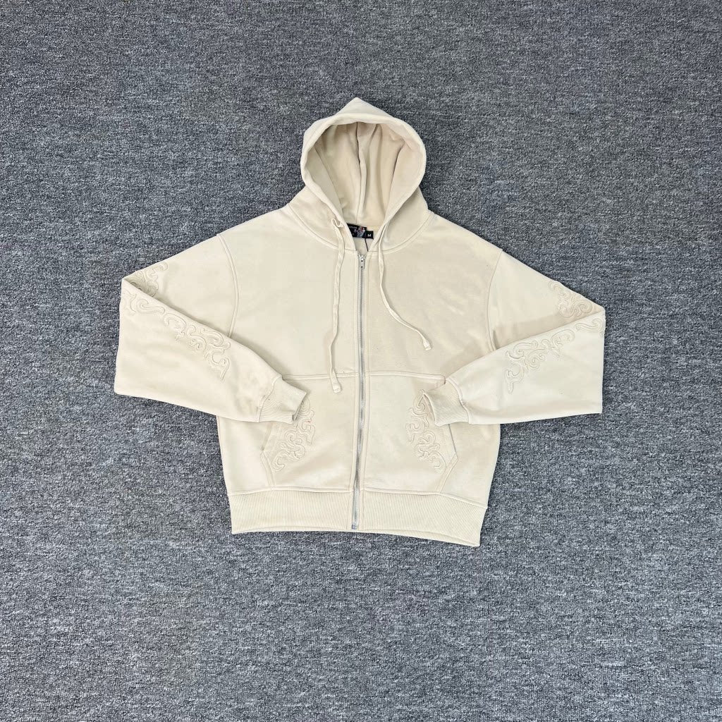Derschutze Cream Cropped Full‑Zip Hoodie Tone‑On‑Tone Ornate Scroll Embroidery
