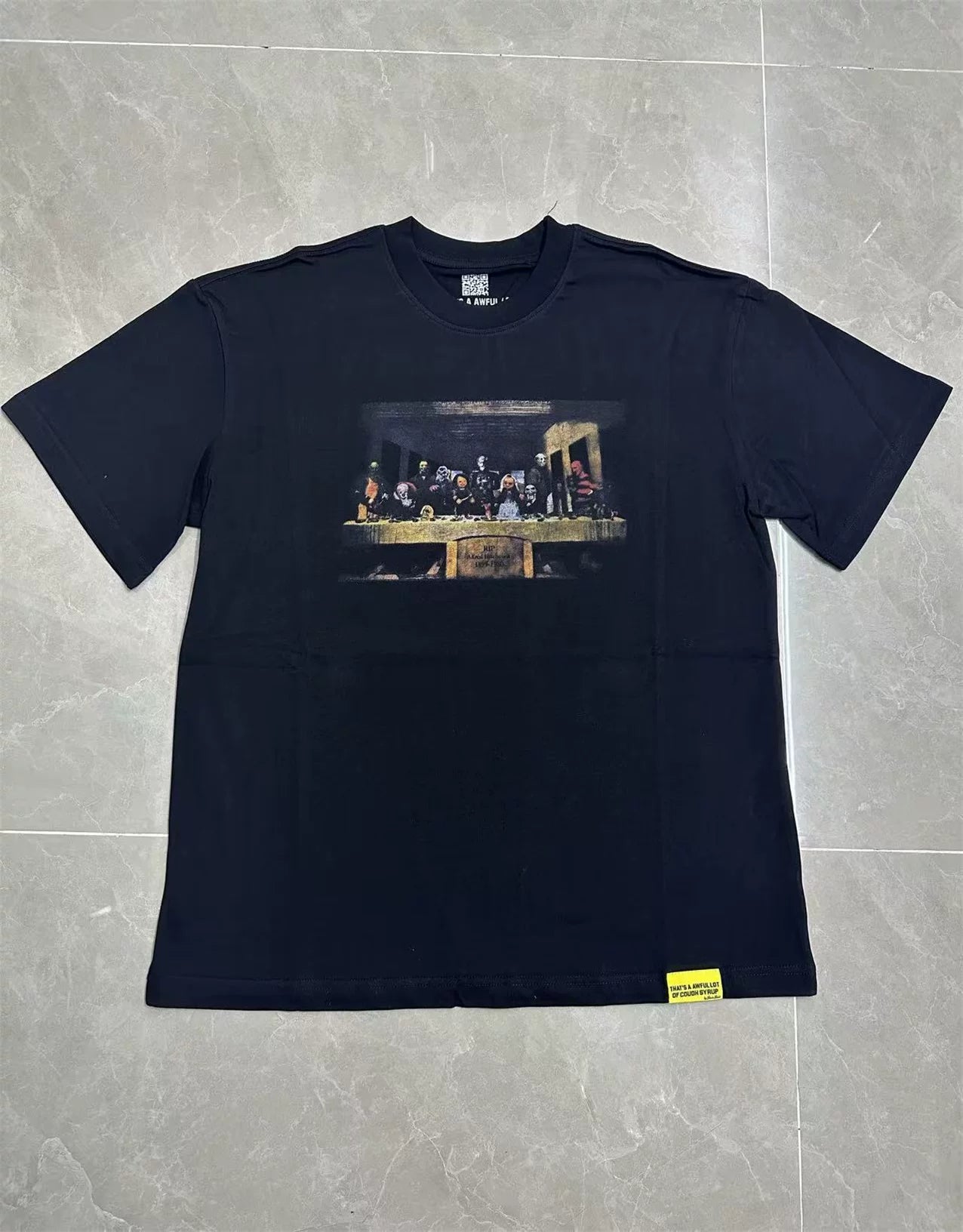 That’s A Awful Lot Of Cough Syrup Horror Last Supper Front‑Back Print Oversized Black Tee