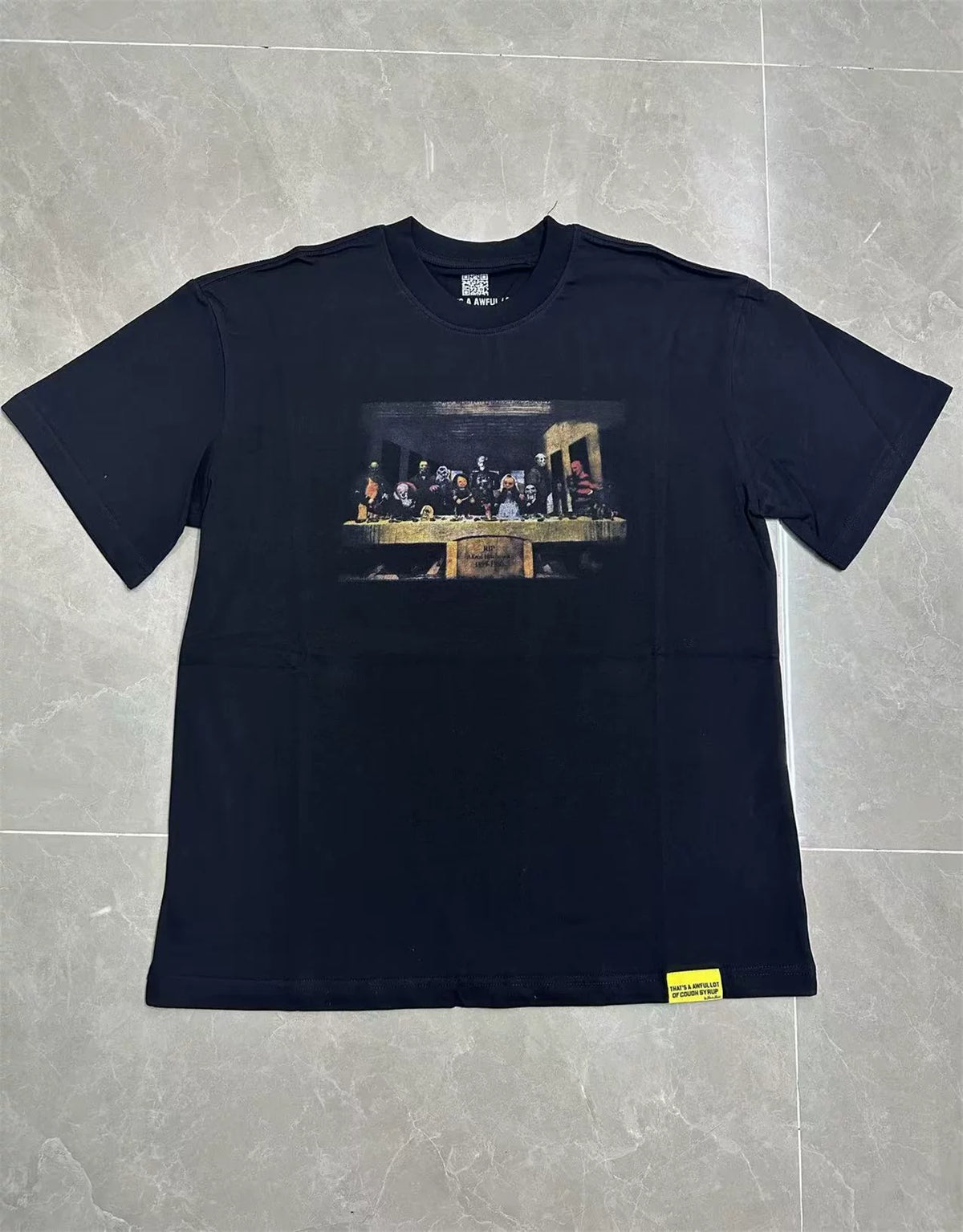 That’s A Awful Lot Of Cough Syrup Horror Last Supper Front‑Back Print Oversized Black Tee