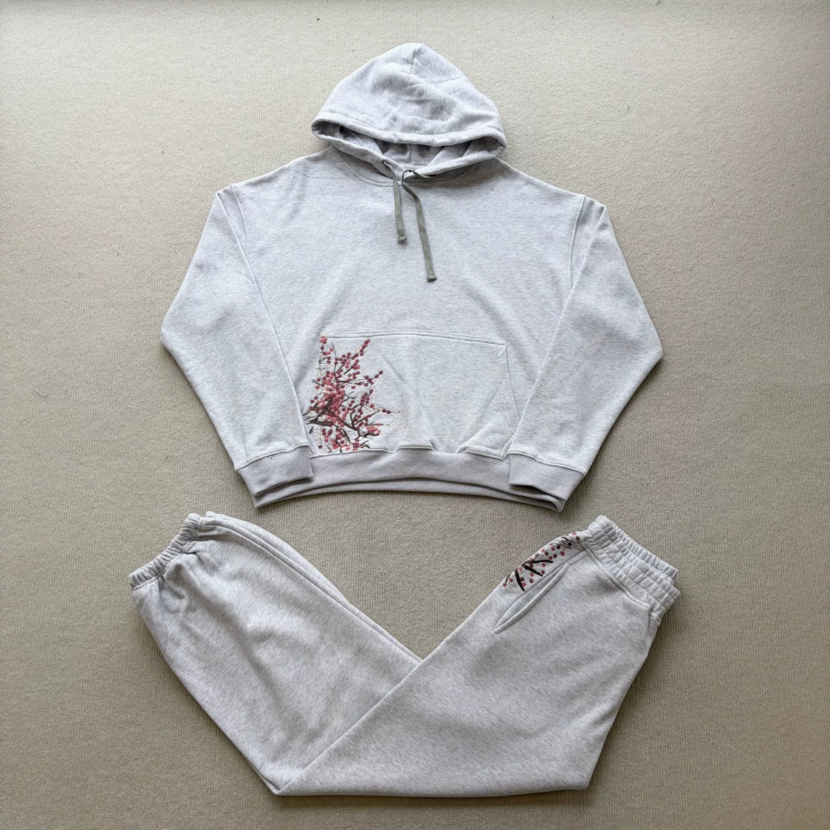 Derschutze Heather Grey Cropped Hoodie & Jogger Set Cherry‑Blossom Embroidery