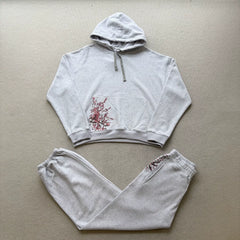 Derschutze Heather Grey Cropped Hoodie & Jogger Set Cherry‑Blossom Embroidery