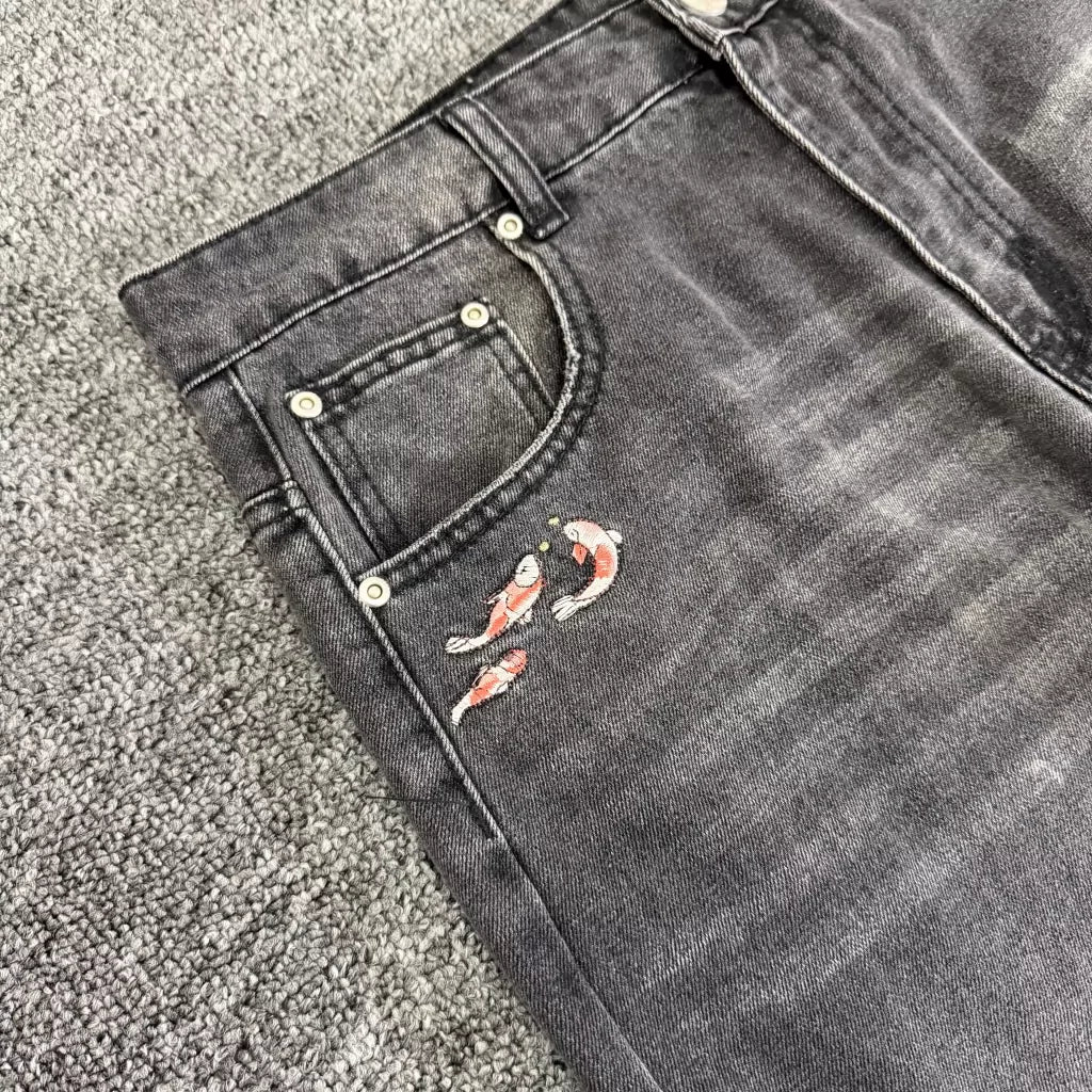 Derschutze Vintage Washed Embroidered Black Jeans