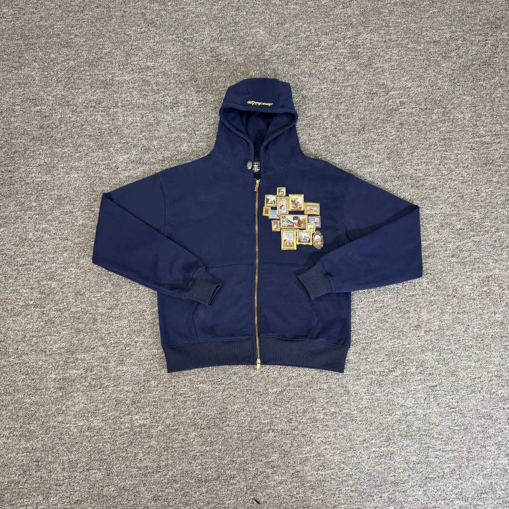 Derschutze Blue Cropped Full‑Zip Hoodie Vintage Art‑Frame Gallery Print