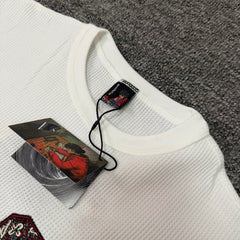 Derschutze White Waffle‑Knit Embroidery‑Hoop Art Back‑Print Tee