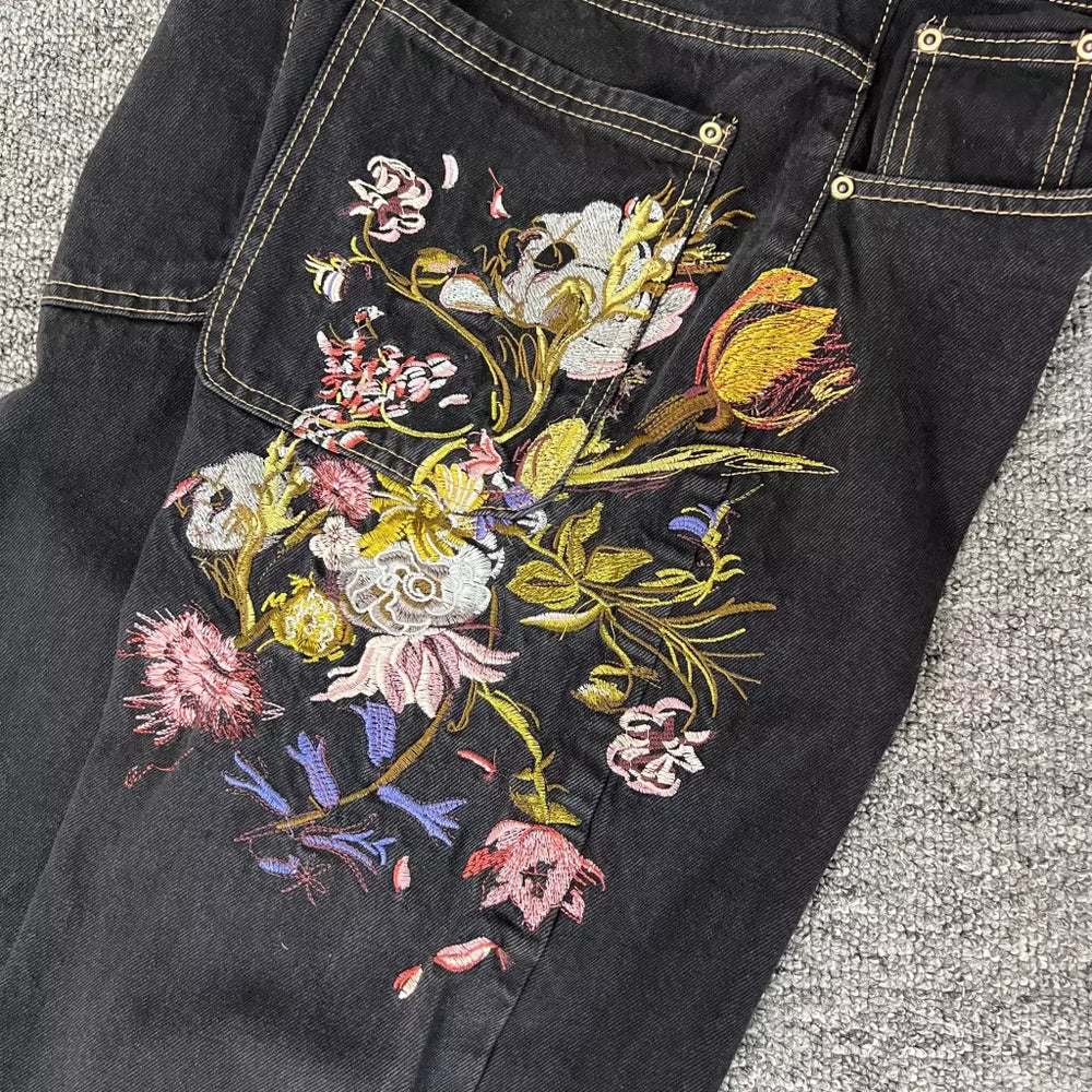Derchutze Floral Embroidered Black Jeans