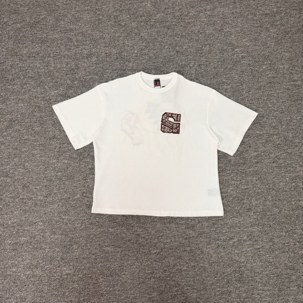 Derschutze White Waffle‑Knit Embroidery‑Hoop Art Back‑Print Tee