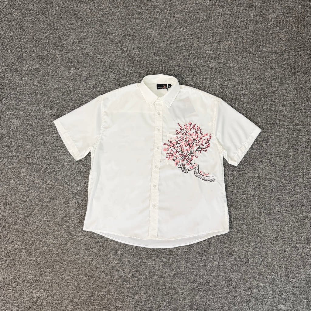Derschutze White Cherry‑Blossom Plum‑Tree Print Short‑Sleeve Button‑Up Shirt