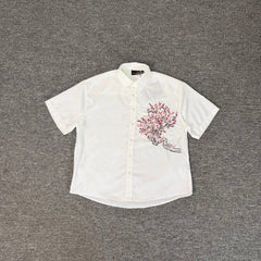 Derschutze White Cherry‑Blossom Plum‑Tree Print Short‑Sleeve Button‑Up Shirt