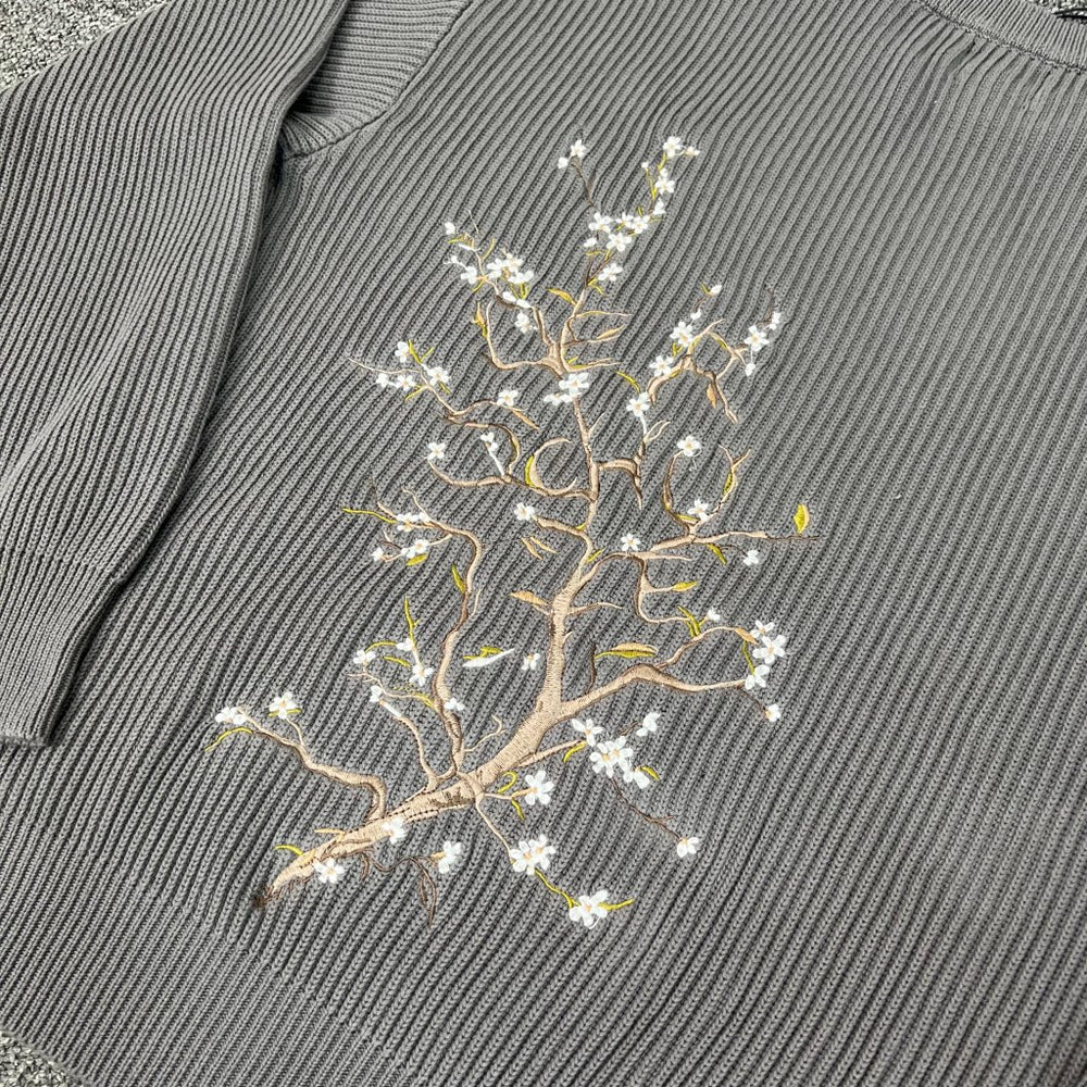 Derschutze Dark‑Grey Ribbed Knit Sweater With Large Back White‑Blossom‑Branch Graphic