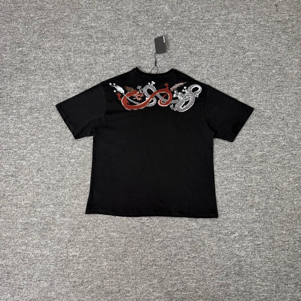 Derschutze Black Dual Dragon Back‑Embroidered Graphic Tee