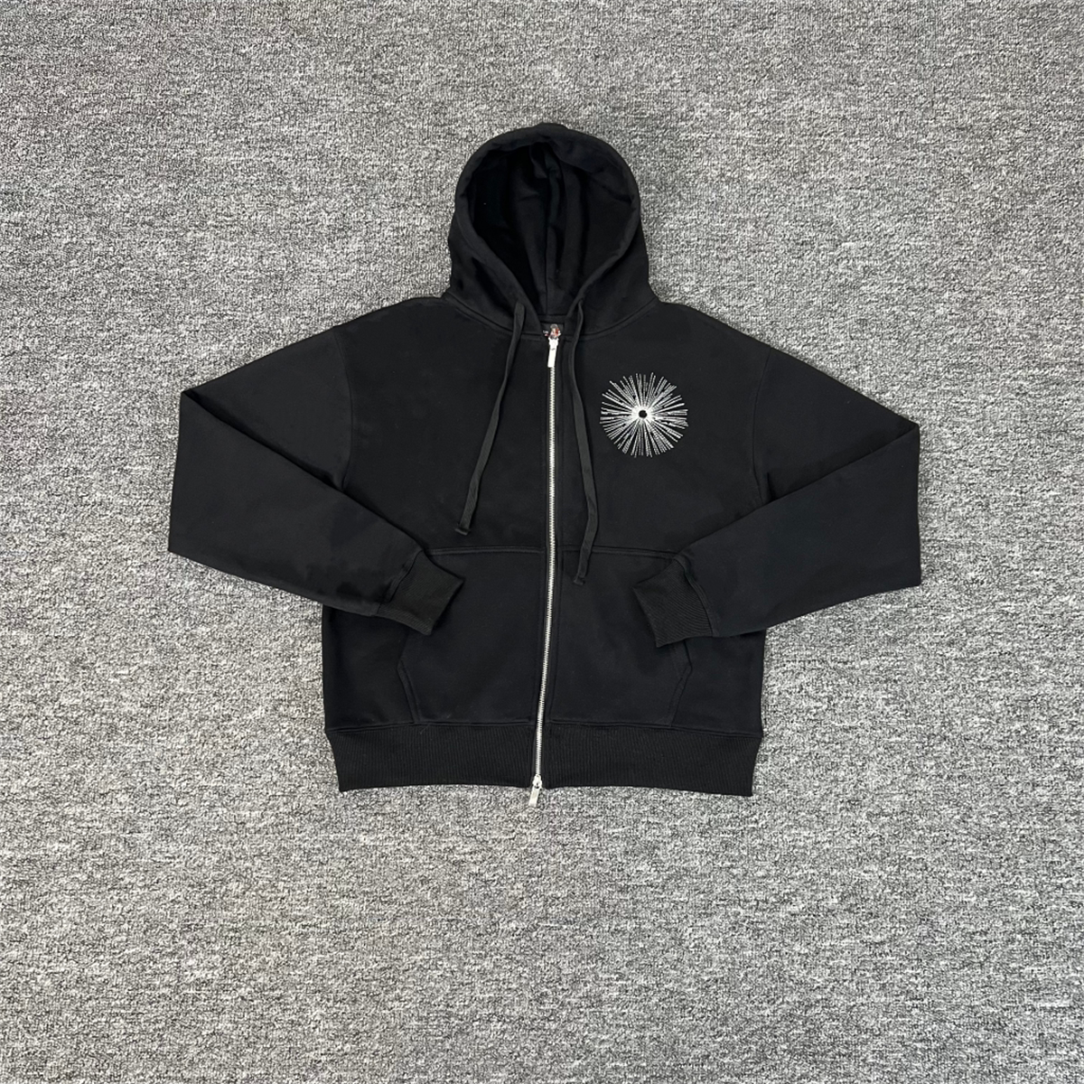 Derschutze Black Full‑Zip Hoodie Large Back Religious Figure Embroidery