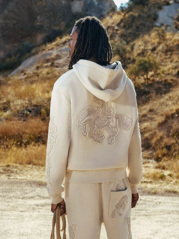 Derschutze Cream Cropped Full‑Zip Hoodie Tone‑On‑Tone Ornate Scroll Embroidery