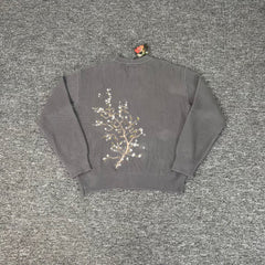 Derschutze Dark‑Grey Ribbed Knit Sweater With Large Back White‑Blossom‑Branch Graphic