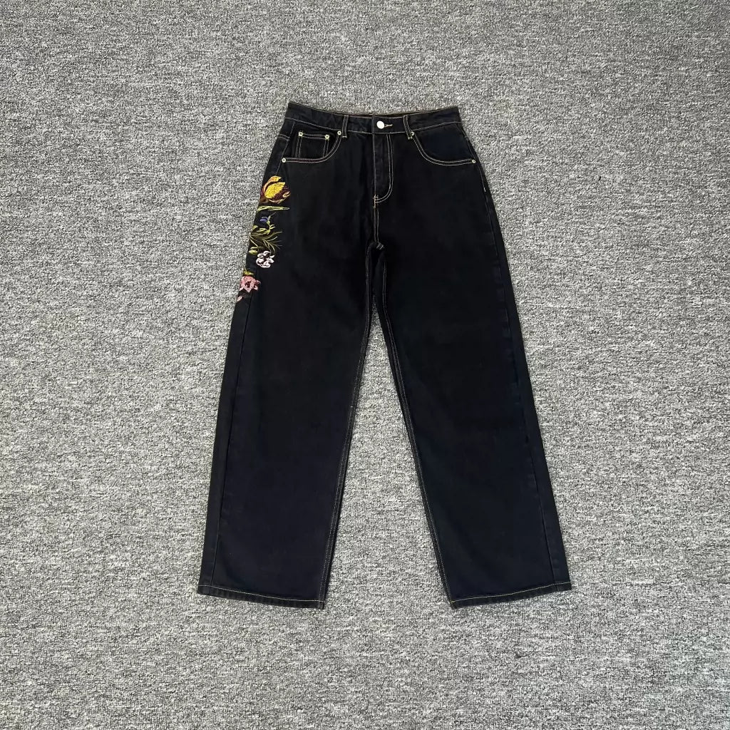Derchutze Floral Embroidered Black Jeans