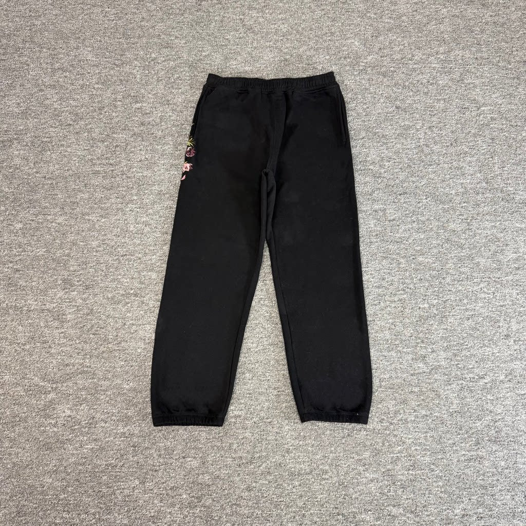 Derschutze Black Jogger Pants Multi‑Color Botanical Floral Back‑Pocket Embroidery
