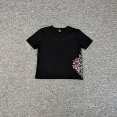 Derschutze Black Waffle‑Knit Plum‑Blossom Tree Side‑Print Cropped Tee