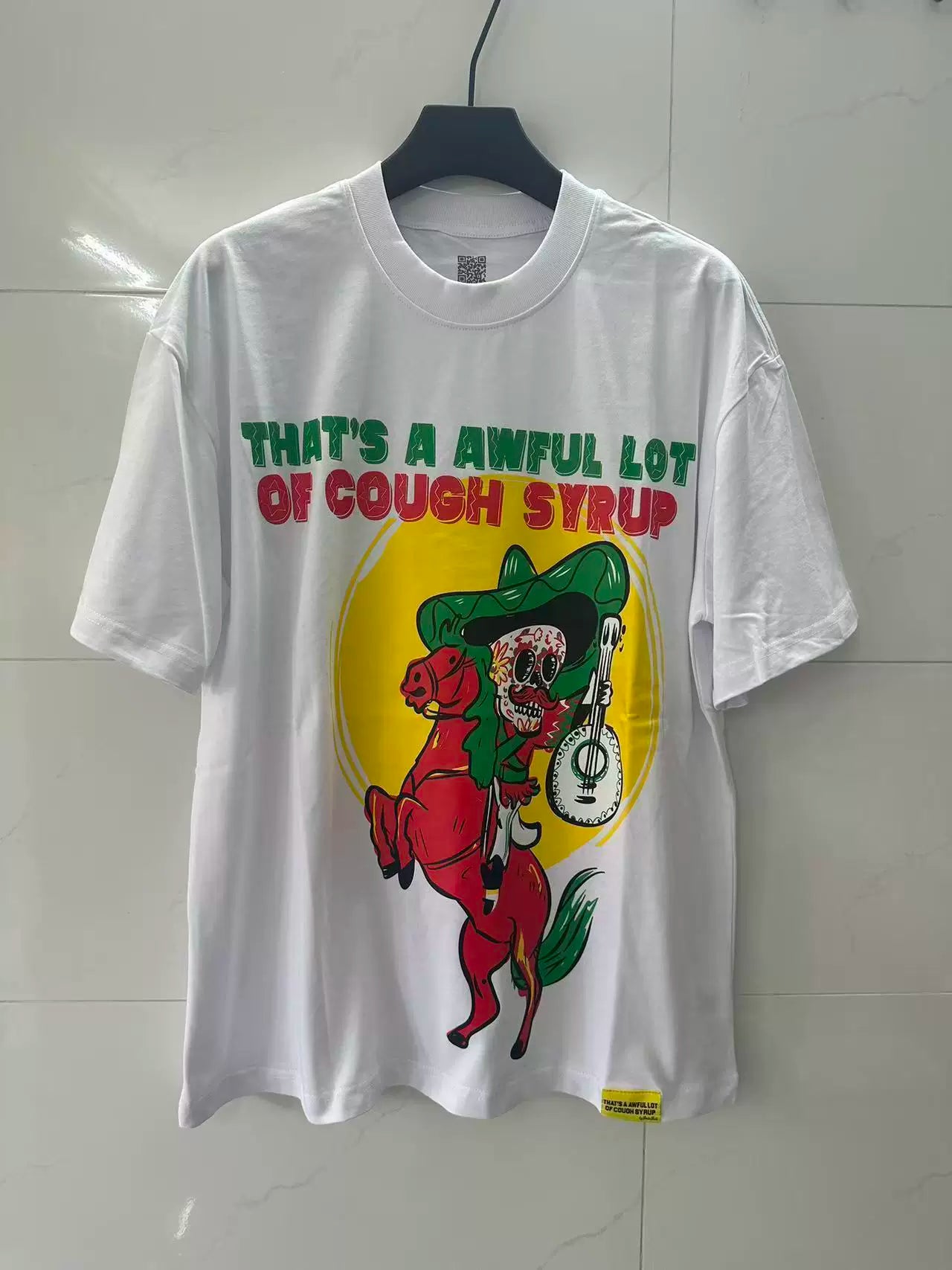 That’s A Awful Lot Of Cough Syrup Sugar Skull Horse Guitar Graphic Oversized White Tee
