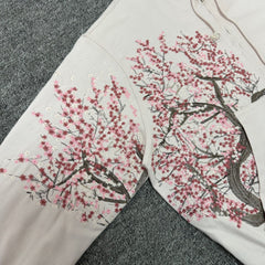 Derschutze Light‑Pink Cropped Hooded Jacket Cherry‑Blossom Tree Branch Front‑Sleeve Print