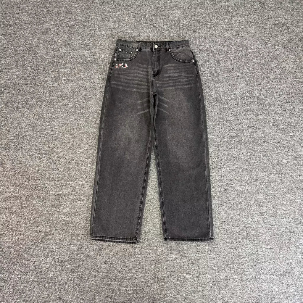 Derschutze Vintage Washed Embroidered Black Jeans