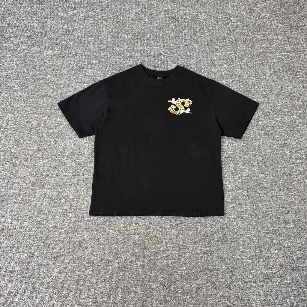 Derschutze Black Oriental Jade‑Ornament Cloud Chest‑Embroidered Boxy Tee