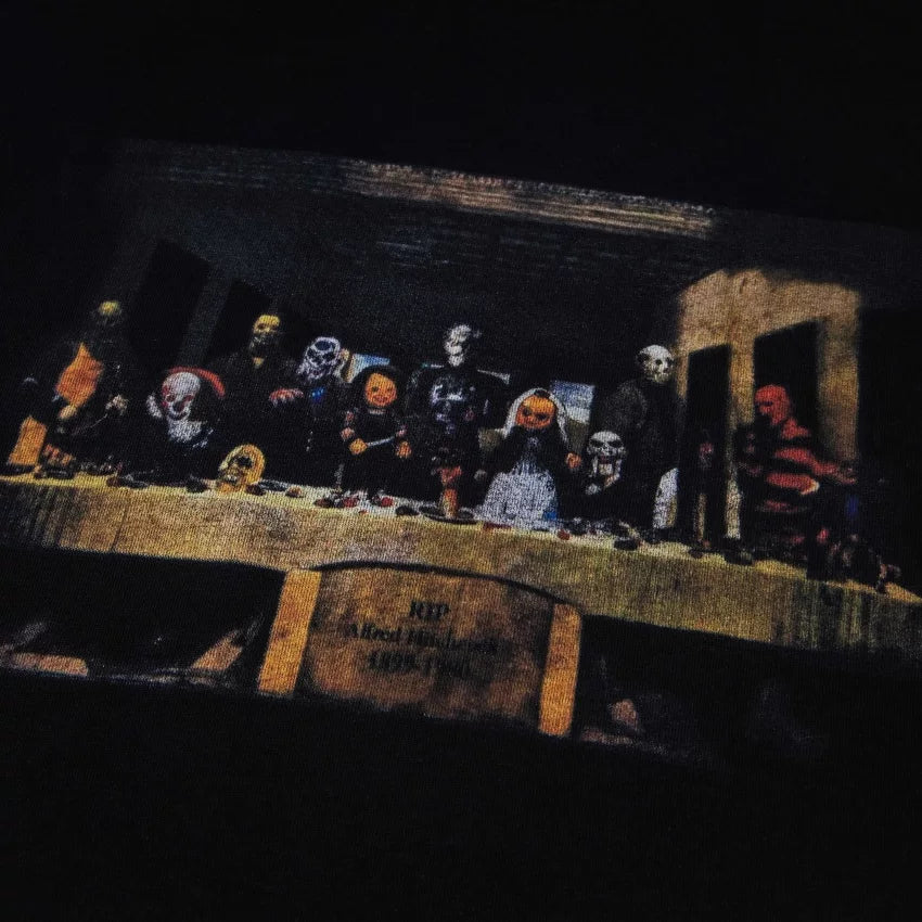 That’s A Awful Lot Of Cough Syrup Horror Last Supper Front‑Back Print Oversized Black Tee